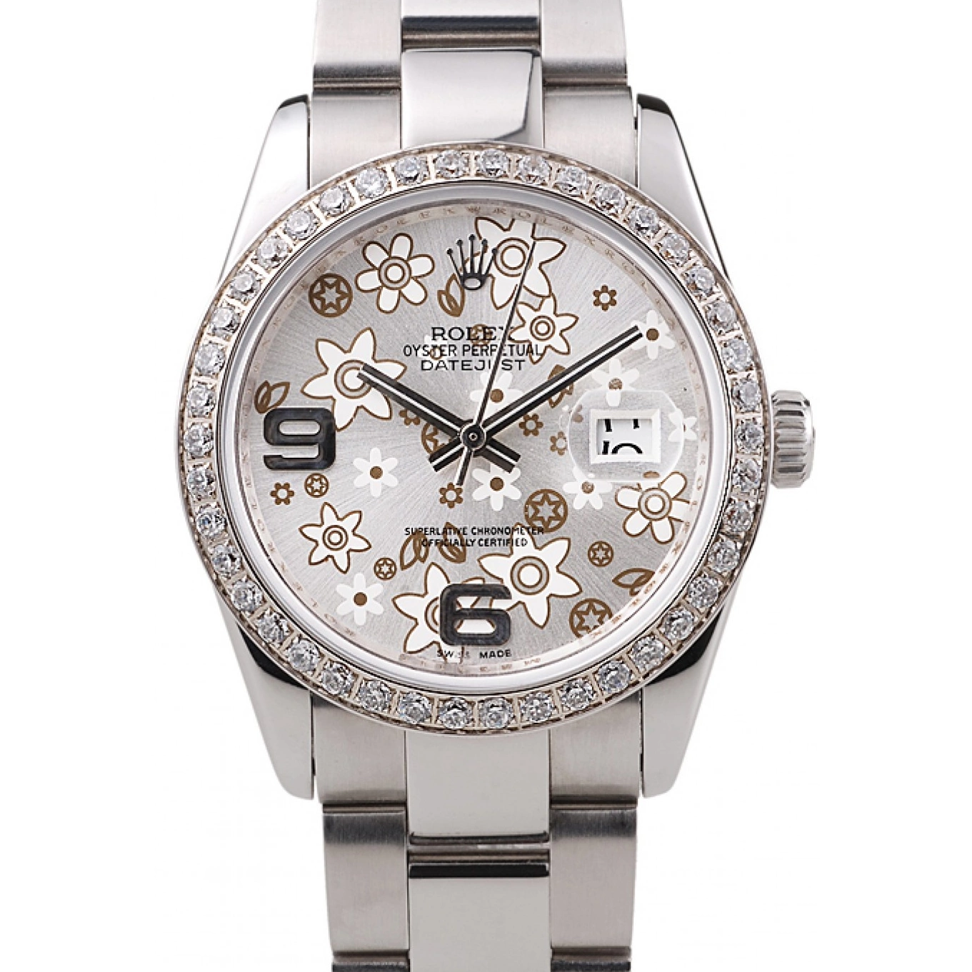 Datejust Silver Plated Rolex Dial Diamond Stainless rl305 Steel Flowers 0604